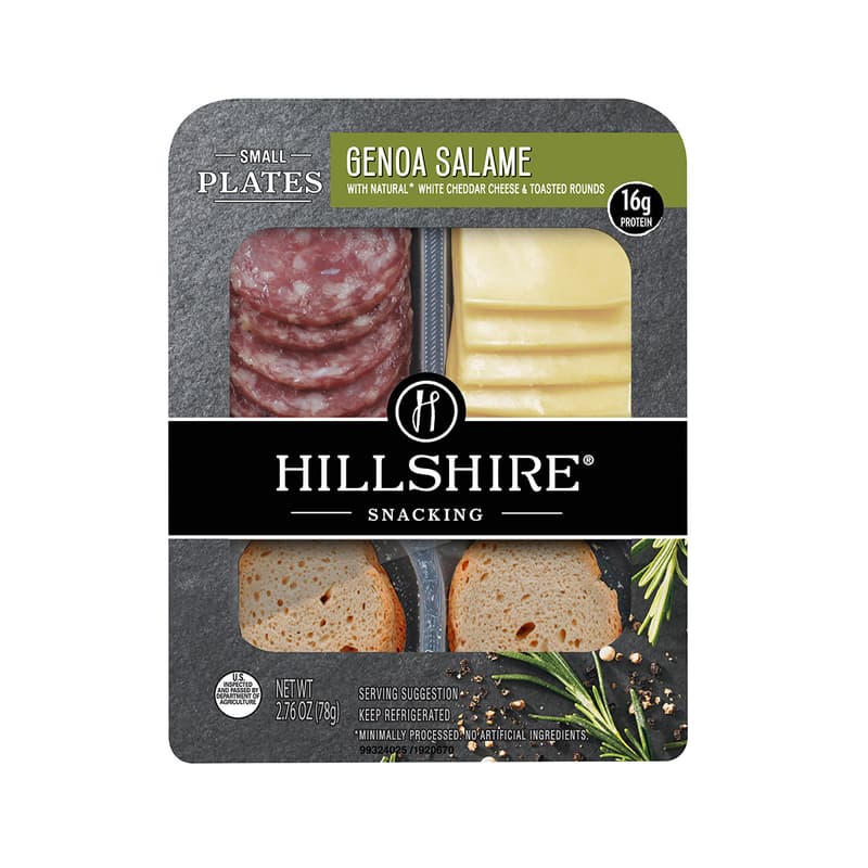 Platos pequeños de 2.76 OZ de salame Genoa con queso cheddar blanco natural y tostadas en disco Hillshire
