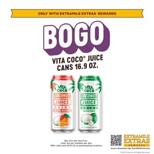 Buy One Get One Free Vita COCO Juice Cans 16.9oz. Limit one per member per day. Only available through ExtraMile Extras Rewards.