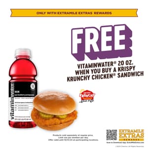 Free Vitaminwater 20oz. when you buy a Krispy Krunchy Chicken Sandwich. Limit one per member per day. Only available through ExtraMile Extras Rewards.