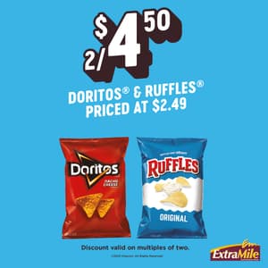 2/$4.50 Doritos and Ruffles prices at $2.49.