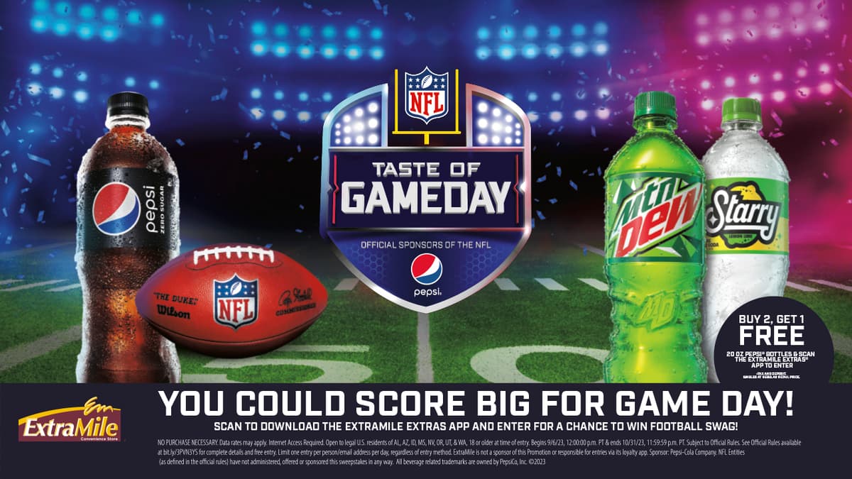 Pepsi 20oz. Buy 2 Get 1 Free. Limit one per member, per day. Only available through ExtraMile Extras Rewards.