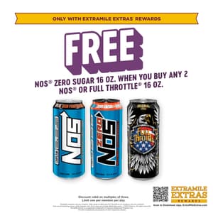 When you buy any 2 NOS or Full Throttle 16 oz. Only available through ExtraMile Extras Rewards.