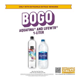 Buy one Aquafina or Lifewtr 1L and get one free. Limit one per member per day. Only available through ExtraMile Extras Rewards.