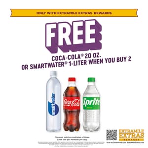 Buy two Coca Cola 20oz or SmartWater 1L and get one FREE. Limit one per member per day. Only available through ExtraMile Extras Rewards.