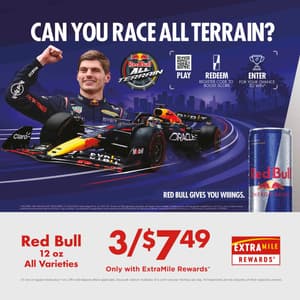 Can you race all terrain? Red Bull 12 oz all varieties. Three for $7.49. Only with ExtraMile Rewards.