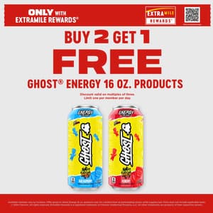 Buy 2 get 1 free Ghost Energy 16 oz. products. Discount valid on multiples of three. Limit one per member per day. Only with ExtraMile Rewards.
