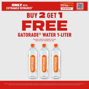 FREE Gatorade Water 1L when you buy 2. Discount valid on multiples of 3. Limit one per member per day. Only available through ExtraMile Rewards.