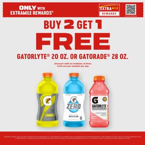 FREE Gatorlyte 20oz or Gatorade 28oz. when you buy 2. Discount valid on multiples of 3. Limit one per member per day. Only available through ExtraMile Rewards.