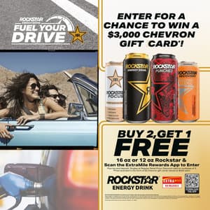 ROCKSTAR ENERGY DRINK. FUEL YOUR DRIVE. Enter for a Chance to Win a $3,000 Chevron Gift Card*! Buy 2, Get 1 Free. 16 oz. or 12 oz Rockstar & Scan the ExtraMile Rewards App to Enter. Plus tax and deposit, Singles at Regular Retail Price. Discount valid on multiples of 3. *Prize awarded in the form of (6) Chevron gift cards values at $500 each.