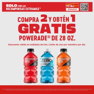 Compra 2 y lleva 1 gratis en Powerade de 28oz. Válido en múltiplos de 3. Límite 1 por miembro, por día. Disponible solo a través de ExtraMile Rewards.