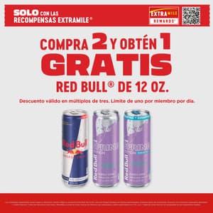 Compra 2 y obten 1 gratis RedBull de 12oz. Descuento válido en múltiplos de 3. Límite de uno por miembro, por día. Solo disponible a través de ExtraMile Rewards.