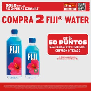 Compra 2 aguas Fiji y recibe 50 puntos para canjear en combustible Chevron o Texaco. Descuento válido en múltiplos de 2. Límite de uno por miembro, por día. Solo disponible a través de ExtraMile Rewards.