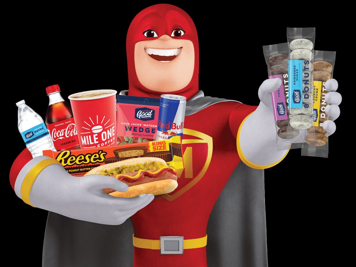 ExtraMan holding snacks in both arms