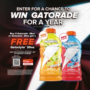 Buy 3 Gatorade 28oz or Gatorlyte 20oz, get 1 Gatorlyte FREE. Win Gatorade for a year. Valid on sets of 3. Limit 1/day per member. ExtraMile Rewards only. No purchase needed. See Official Rules.