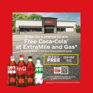 Buy 2 Coca-Cola 20oz, get 1 FREE. Win free Coca-Cola. Valid on sets of 3. Limit 1/day per member. ExtraMile Rewards only. No purchase needed. See Official Rules.