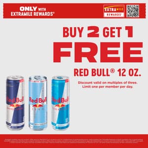 Only with ExtraMile rewards buy 2 get 1 free red bull ® 12 oz. Discount valid on multiples of three. Limit one per member per day. Your Favorite Brands. One Reward Experience. Available varieties vary by location. Offer good on Red Bull 12 oz. products only for a limited time at participating stores, while supplies last. ExtraMile Rewards program available only at participating ExtraMile stores that advertise the program. Certain product offers may not always combine and must be processed in separate transactions to receive each discounted offer. Taxes and CRV may apply. © 2025 Chevron. All rights reserved. ExtraMile and other Chevron marks and logos are registered trademarks of Chevron I.P. LLC. All other marks are property of their respective owners.