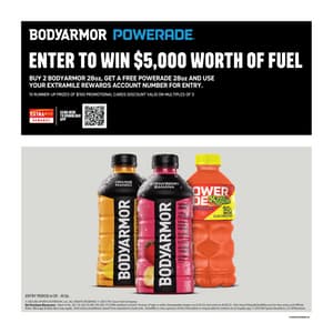 Bodyarmor Powerade enter to win $5,000 worth of fuel Buy 2 Bodyarmor 28oz, get a free powerade 28oz and use your extramile rewards account number for entry. 10 Runner-Up Prizes of $100 promotioanl cards discount valid on multiples of 3 Scan here to download app Entry period 6/25 - 8/26. © 2025 BA SPORTS NUTRITION, LLC. ALL RIGHTS RESERVED. © 2025 The Coca-Cola Company. No Purchase Necessary. Open to AL, AZ, CA, GA, ID, MS, NV, OR, UT, & WA residents at least 18 years of age or older. Sweepstakes begins on 6/25/25 and ends on 8/26/25. Visit www.FillupatExtraMile.com for free entry and Official Rules. Message & data rates may apply. Void where prohibited. Grand Prize awarded as bank wire. ExtraMile is not a sponsor of this Promotion or responsible for entries via its loyalty app. © 2025 BA Sports Nutrition, LLC Whitestone, NY