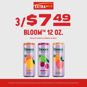 ExtraMile 3/$7.49 Bloom 12 OZ. Discount valid on multiples of three. Available varieties vary by location. Offer good on select products and sizes only for a limited time at participating stores, while supplies last. Price does not include applicable taxes. 2025 Chevron. All rights reserved. ExtraMile and other Chevron marks and logos are registered trademarks of C.I.P., LLC. All other marks are property of their respective owners.