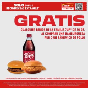 Solo con ExtraMile Rewards Gratis cualquier 7UP 20 oz al comprar una hamburguesa o sandwich de pollo Productos vendidos por separado a precio regular Limite de uno por miembro por dia Variedades pueden variar segun la ubicacion Oferta valida por tiempo limitado en tiendas participantes hasta agotar existencias Se pueden aplicar impuestos y CRV 2025 Chevron Todos los derechos reservados ExtraMile y otras marcas son propiedad registrada de Chevron IP LLC