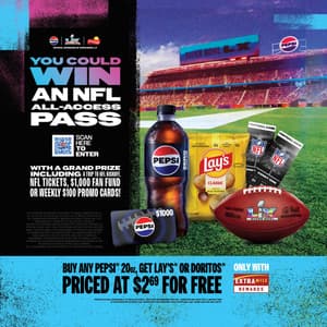 Pepsi Super Bowl LX sweepstakes promotion with QR code to enter for NFL tickets trips and cash prizes
