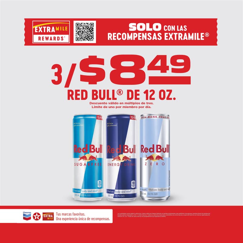 3/$8.49 RED BULL DE 12 OZ. Descuento válido en múltiplos de tres. Límite de uno por miembro por día.