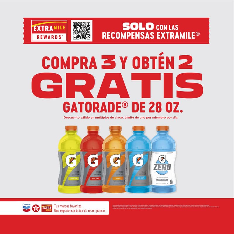 COMPRA 3 Y OBTÉN 2 GRATIS GATORADE® DE 28 OZ. Descuento válido en múltiplos de cinco. Límite de uno por miembro por día.