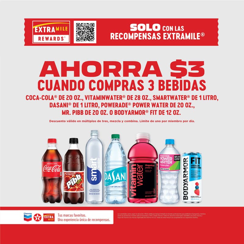 Solo con ExtraMile Rewards: ahorra $3 al comprar 3 bebidas participantes de Coca-Cola, Vitaminwater, Smartwater, Dasani, Powerade, Pibb Xtra o BodyArmor Fit.