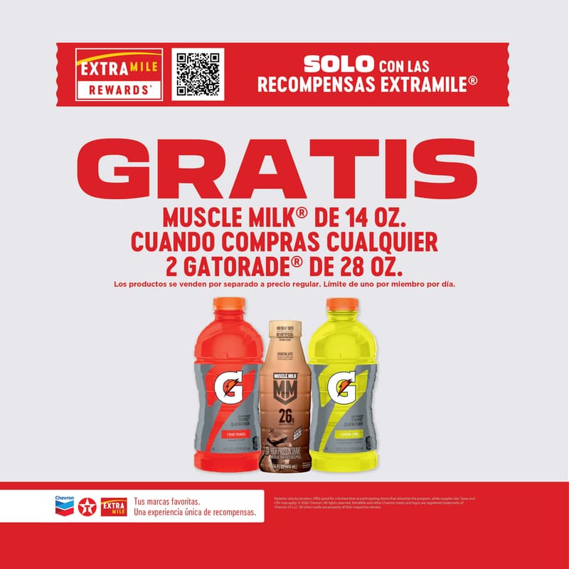 Muscle Milk de 14 oz gratis al comprar 2 productos Gatorade de 28 oz.