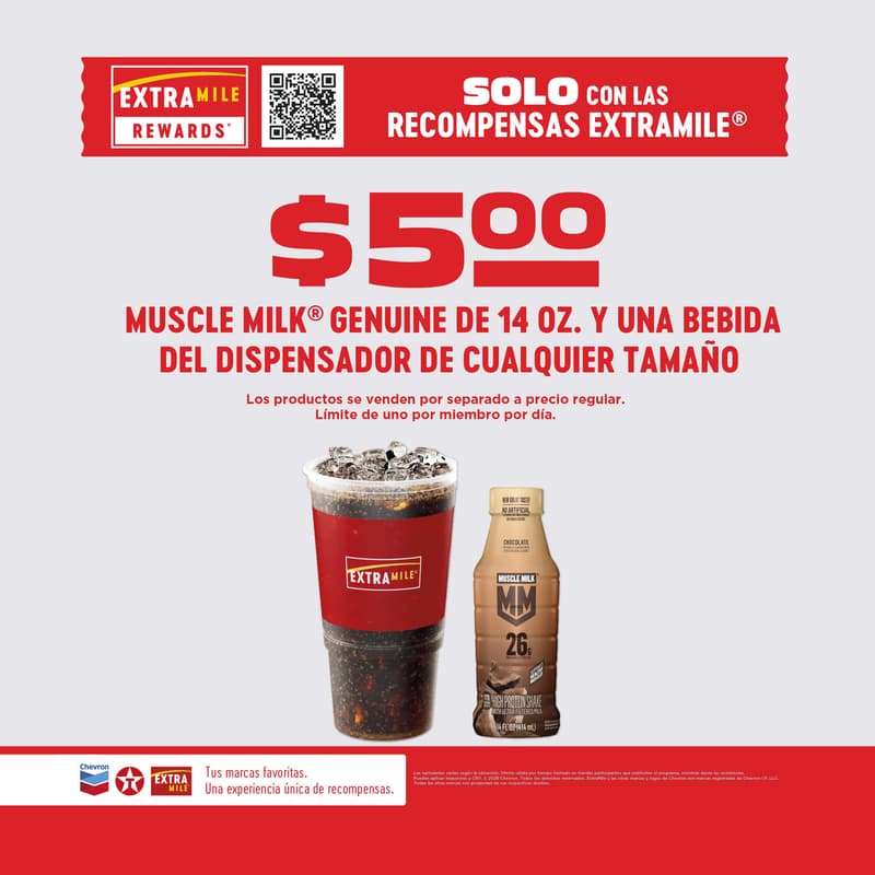 Solo con ExtraMile Rewards: Muscle Milk Genuine de 14 oz y bebida de fuente de cualquier tamaño por $5.